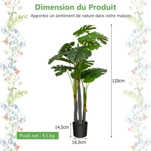 Arbre Artificiel 120cm avec Pot et 20 Feuilles Plante Faux Monstera Deliciosa pour Décoration Intérieur Exterieur Vert
