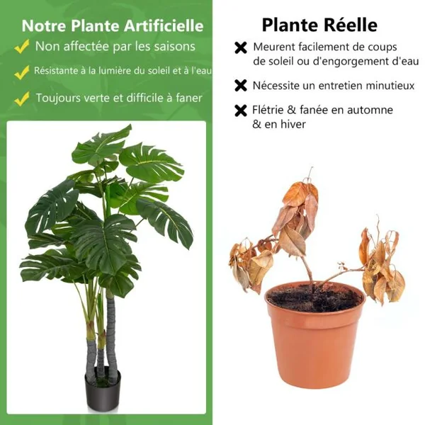 Arbre Artificiel 120cm avec Pot et 20 Feuilles Plante Faux Monstera Deliciosa pour Décoration Intérieur Exterieur Vert