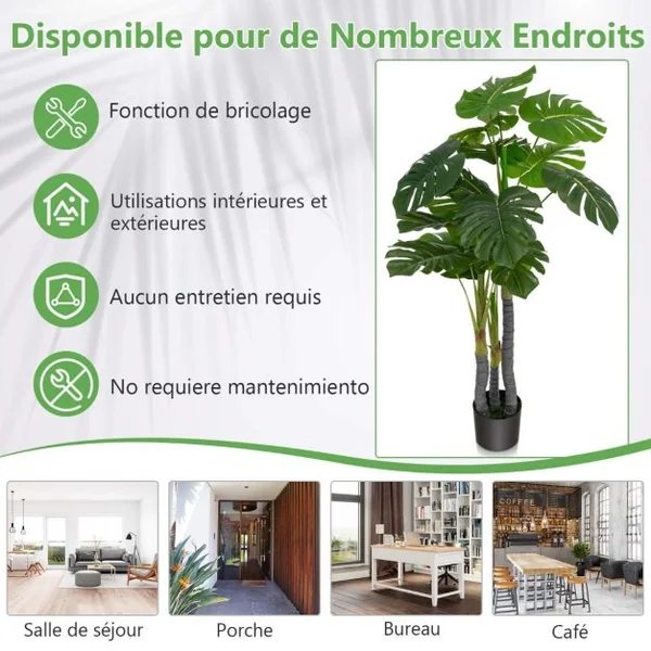 Arbre Artificiel 120cm avec Pot et 20 Feuilles Plante Faux Monstera Deliciosa pour Décoration Intérieur Exterieur Vert
