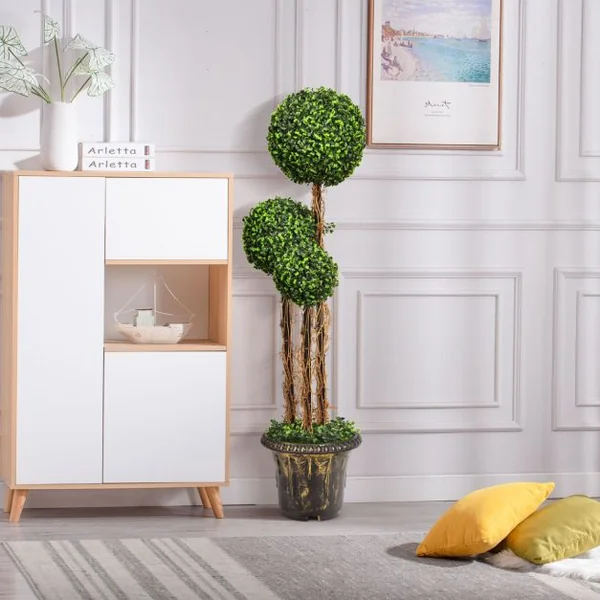 Arbre Artificiel Arbuste avec Feuilles à l'aspect Authentique 115 CM Fausse Plante 3 Boules en Pot avec Rotin Véritable Résistance aux UV