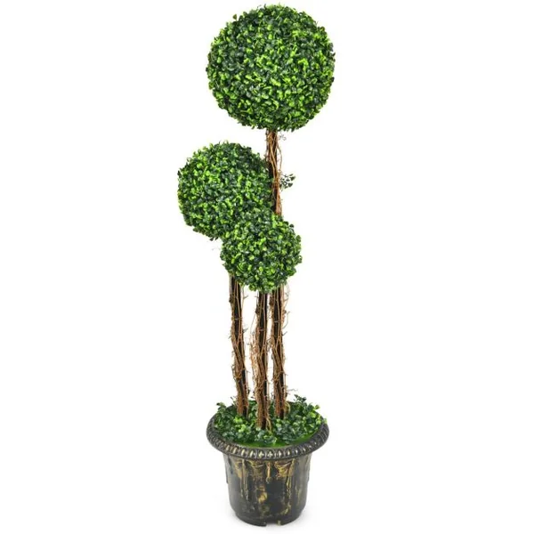 Arbre Artificiel Arbuste avec Feuilles à l'aspect Authentique 115 CM Fausse Plante 3 Boules en Pot avec Rotin Véritable Résistance aux UV