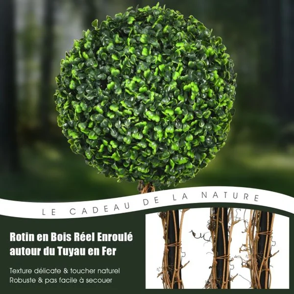 Arbre Artificiel Arbuste avec Feuilles à l'aspect Authentique 115 CM Fausse Plante 3 Boules en Pot avec Rotin Véritable Résistance aux UV