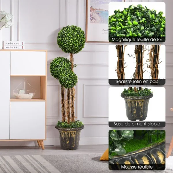 Arbre Artificiel Arbuste avec Feuilles à l'aspect Authentique 115 CM Fausse Plante 3 Boules en Pot avec Rotin Véritable Résistance aux UV
