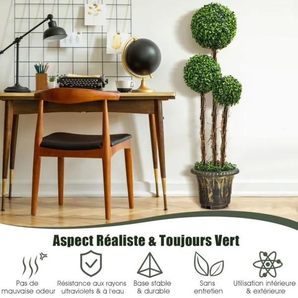 Arbre Artificiel Arbuste avec Feuilles à l'aspect Authentique 115 CM Fausse Plante 3 Boules en Pot avec Rotin Véritable Résistance aux UV