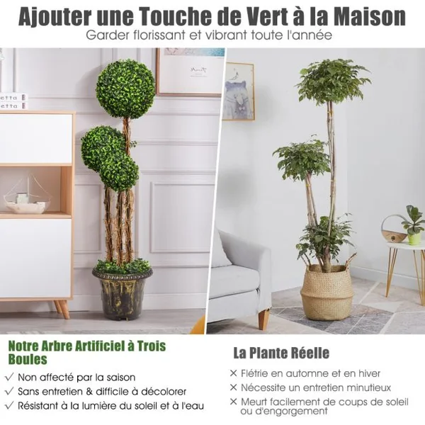 Arbre Artificiel Arbuste avec Feuilles à l'aspect Authentique 115 CM Fausse Plante 3 Boules en Pot avec Rotin Véritable Résistance aux UV