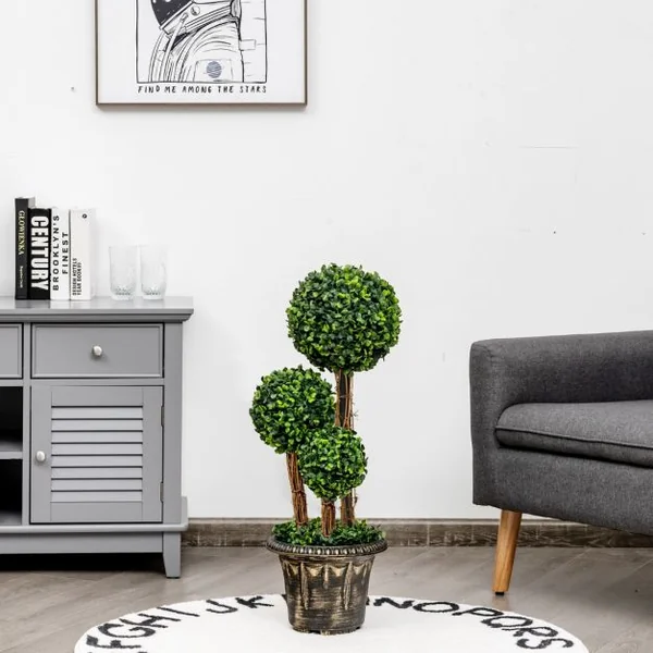 Arbre Artificiel Arbuste avec Feuilles à l'Aspect Authentique 75 CM Fausse Plante 3 Boules en Pot avec Rotin Véritable Résistance aux UV et l'eau