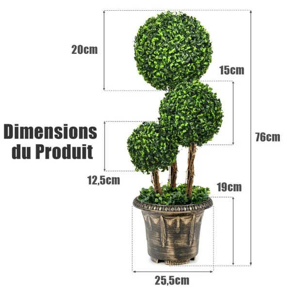 Arbre Artificiel Arbuste avec Feuilles à l'Aspect Authentique 75 CM Fausse Plante 3 Boules en Pot avec Rotin Véritable Résistance aux UV et l'eau