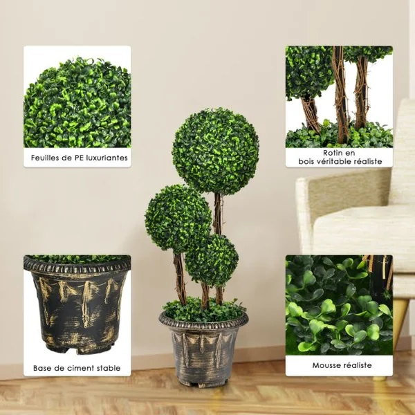Arbre Artificiel Arbuste avec Feuilles à l'Aspect Authentique 75 CM Fausse Plante 3 Boules en Pot avec Rotin Véritable Résistance aux UV et l'eau