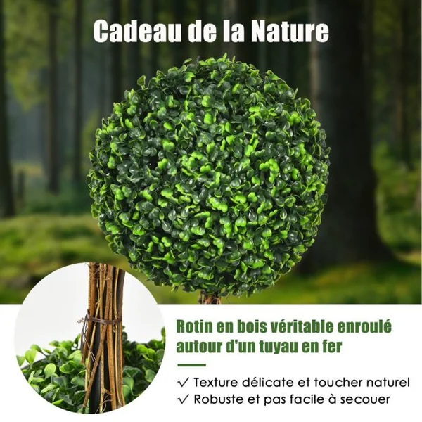 Arbre Artificiel Arbuste avec Feuilles à l'Aspect Authentique 75 CM Fausse Plante 3 Boules en Pot avec Rotin Véritable Résistance aux UV et l'eau
