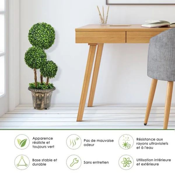 Arbre Artificiel Arbuste avec Feuilles à l'Aspect Authentique 75 CM Fausse Plante 3 Boules en Pot avec Rotin Véritable Résistance aux UV et l'eau