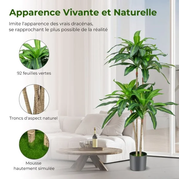 Arbre Artificiel de 140 cm de Haut Fausse Plante Dracaena avec 92 Feuilles Pot en Ciment Couverture de Décoration de Jardin Maison Bureau