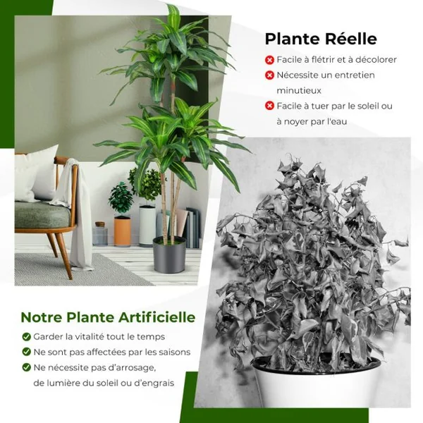 Arbre Artificiel de 140 cm de Haut Fausse Plante Dracaena avec 92 Feuilles Pot en Ciment Couverture de Décoration de Jardin Maison Bureau