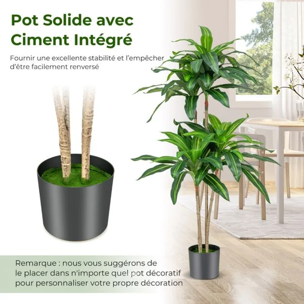 Arbre Artificiel de 140 cm de Haut Fausse Plante Dracaena avec 92 Feuilles Pot en Ciment Couverture de Décoration de Jardin Maison Bureau