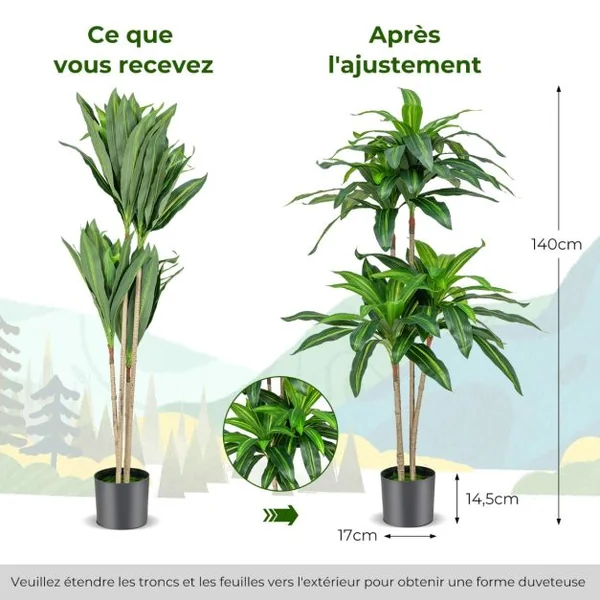 Arbre Artificiel de 140 cm de Haut Fausse Plante Dracaena avec 92 Feuilles Pot en Ciment Couverture de Décoration de Jardin Maison Bureau