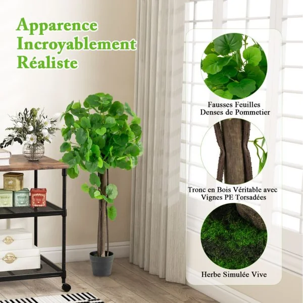 Arbre Artificiel de Pommier Crabe 110 cm Fausse Plante en Pot Rempli de Ciment avec Tronc en Bois Véritable Branches Réglables