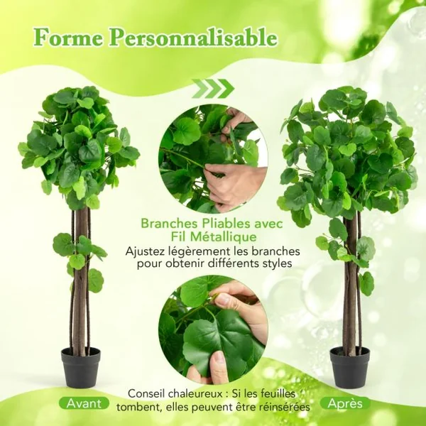 Arbre Artificiel de Pommier Crabe 110 cm Fausse Plante en Pot Rempli de Ciment avec Tronc en Bois Véritable Branches Réglables
