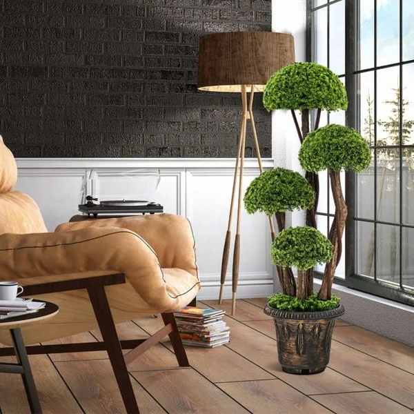 Arbre Artificiel en Cèdre 90 cm avec 4 Boules de Cèdre Faux Cyprès Topiaire avec Tronc en Rotin Pot Rempli de Ciment