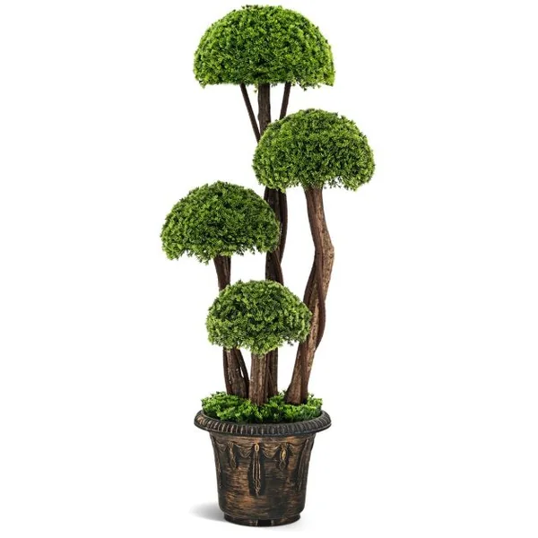 Arbre Artificiel en Cèdre 90 cm avec 4 Boules de Cèdre Faux Cyprès Topiaire avec Tronc en Rotin Pot Rempli de Ciment