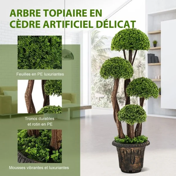 Arbre Artificiel en Cèdre 90 cm avec 4 Boules de Cèdre Faux Cyprès Topiaire avec Tronc en Rotin Pot Rempli de Ciment