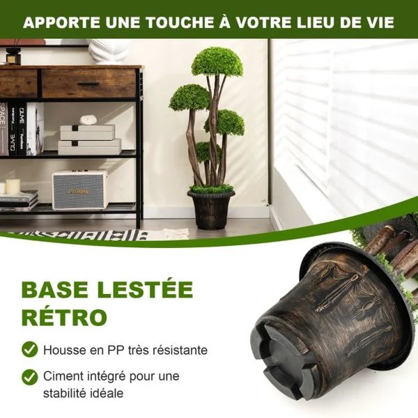 Arbre Artificiel en Cèdre 90 cm avec 4 Boules de Cèdre Faux Cyprès Topiaire avec Tronc en Rotin Pot Rempli de Ciment