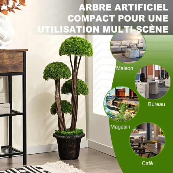 Arbre Artificiel en Cèdre 90 cm avec 4 Boules de Cèdre Faux Cyprès Topiaire avec Tronc en Rotin Pot Rempli de Ciment