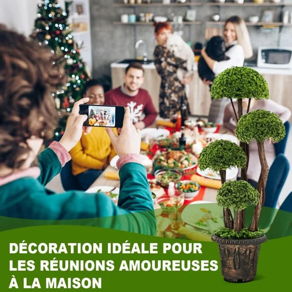 Arbre Artificiel en Cèdre 90 cm avec 4 Boules de Cèdre Faux Cyprès Topiaire avec Tronc en Rotin Pot Rempli de Ciment