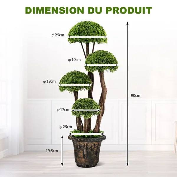 Arbre Artificiel en Cèdre 90 cm avec 4 Boules de Cèdre Faux Cyprès Topiaire avec Tronc en Rotin Pot Rempli de Ciment