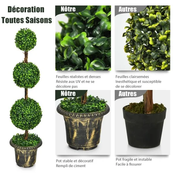 Arbre Artificiel Topiaire 120 cm avec Triple Boule Fausse Plante en Pot Rempli de Ciment Protection UV et Eau Décoration Interieur et Exterieur