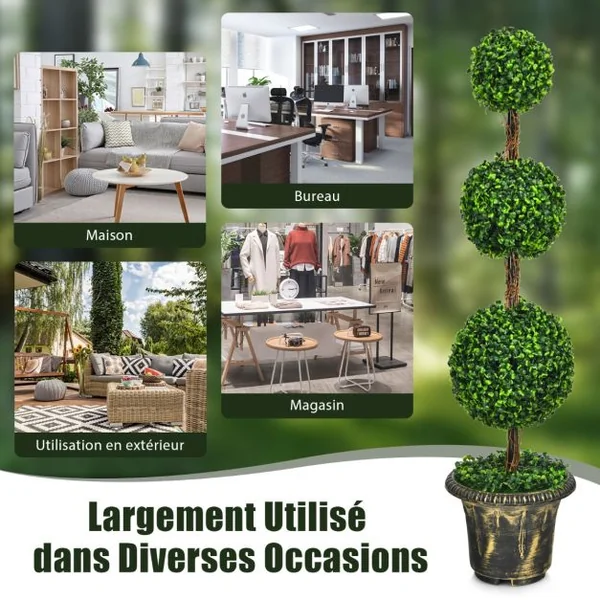 Arbre Artificiel Topiaire 120 cm avec Triple Boule Fausse Plante en Pot Rempli de Ciment Protection UV et Eau Décoration Interieur et Exterieur