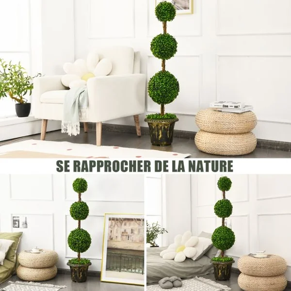 Arbre Artificiel Topiaire 120 cm avec Triple Boule Fausse Plante en Pot Rempli de Ciment Protection UV et Eau Décoration Interieur et Exterieur