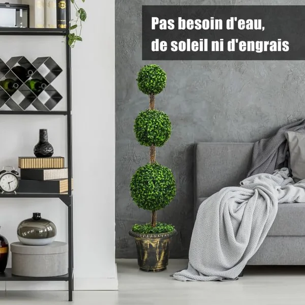Arbre Artificiel Topiaire 120 cm avec Triple Boule Fausse Plante en Pot Rempli de Ciment Protection UV et Eau Décoration Interieur et Exterieur