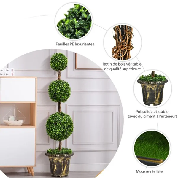 Arbre Artificiel Topiaire 120 cm avec Triple Boule Fausse Plante en Pot Rempli de Ciment Protection UV et Eau Décoration Interieur et Exterieur