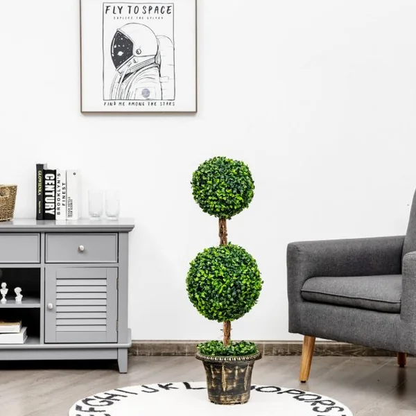 Arbre Artificiel Topiaire 90 cm avec Triple Boule Fausse Plante en Pot Rempli de Ciment Protection UV et Eau Décoration Interieur et Exterieur