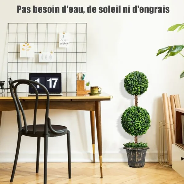 Arbre Artificiel Topiaire 90 cm avec Triple Boule Fausse Plante en Pot Rempli de Ciment Protection UV et Eau Décoration Interieur et Exterieur