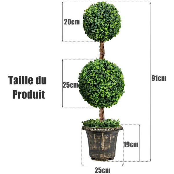 Arbre Artificiel Topiaire 90 cm avec Triple Boule Fausse Plante en Pot Rempli de Ciment Protection UV et Eau Décoration Interieur et Exterieur