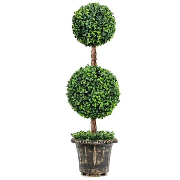 Arbre Artificiel Topiaire 90 cm avec Triple Boule Fausse Plante en Pot Rempli de Ciment Protection UV et Eau Décoration Interieur et Exterieur