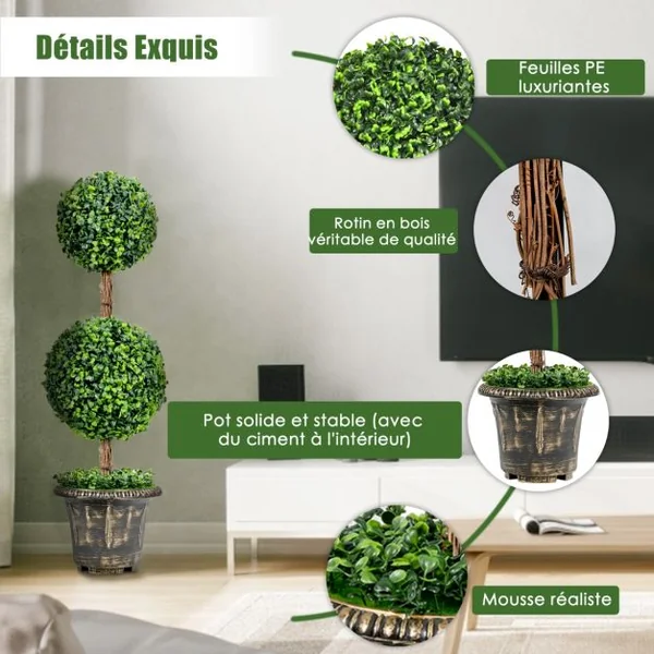 Arbre Artificiel Topiaire 90 cm avec Triple Boule Fausse Plante en Pot Rempli de Ciment Protection UV et Eau Décoration Interieur et Exterieur