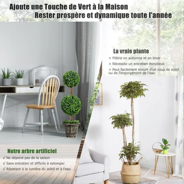 Arbre Artificiel Topiaire 90 cm avec Triple Boule Fausse Plante en Pot Rempli de Ciment Protection UV et Eau Décoration Interieur et Exterieur