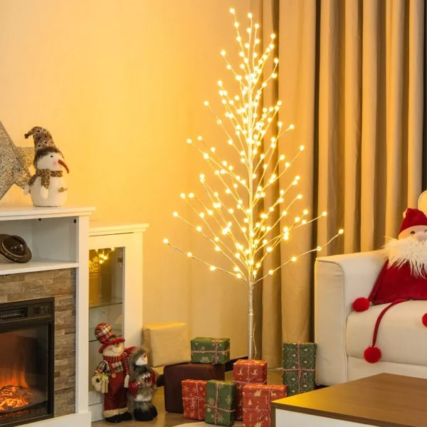 Arbre de Bouleau Éclairé de 155 Cm Arbre de Noël Artificiel avec 168 Lumières Led Blanc Chaud Piquets en Métal Décoration de Fête de Noël