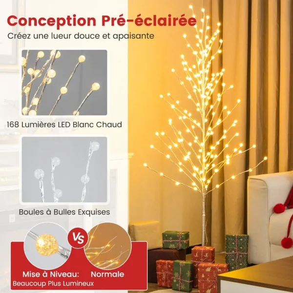 Arbre de Bouleau Éclairé de 155 Cm Arbre de Noël Artificiel avec 168 Lumières Led Blanc Chaud Piquets en Métal Décoration de Fête de Noël
