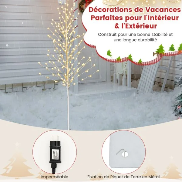 Arbre de Bouleau Éclairé de 155 Cm Arbre de Noël Artificiel avec 168 Lumières Led Blanc Chaud Piquets en Métal Décoration de Fête de Noël