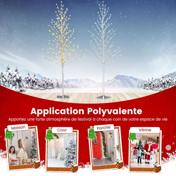 Arbre de Bouleau Éclairé de 155 Cm Arbre de Noël Artificiel avec 168 Lumières Led Blanc Chaud Piquets en Métal Décoration de Fête de Noël