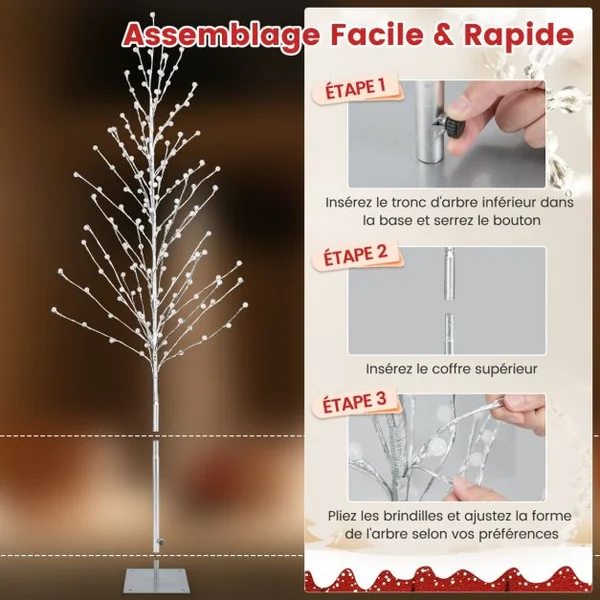Arbre de Bouleau Éclairé de 155 Cm Arbre de Noël Artificiel avec 168 Lumières Led Blanc Chaud Piquets en Métal Décoration de Fête de Noël
