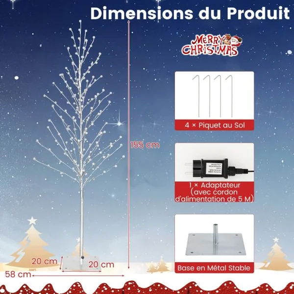 Arbre de Bouleau Éclairé de 155 Cm Arbre de Noël Artificiel avec 168 Lumières Led Blanc Chaud Piquets en Métal Décoration de Fête de Noël