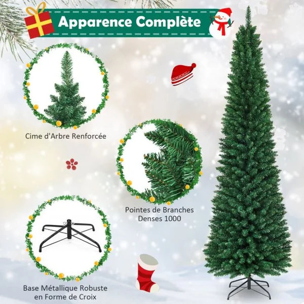 Arbre de Noël Artificiel 243 cm 1000 Branches Support en Métal Solide Aiguilles en PVC Décoration de Fêtes Vert Naturel