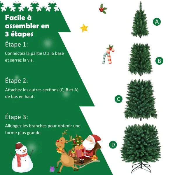 Arbre de Noël Artificiel 243 cm 1000 Branches Support en Métal Solide Aiguilles en PVC Décoration de Fêtes Vert Naturel