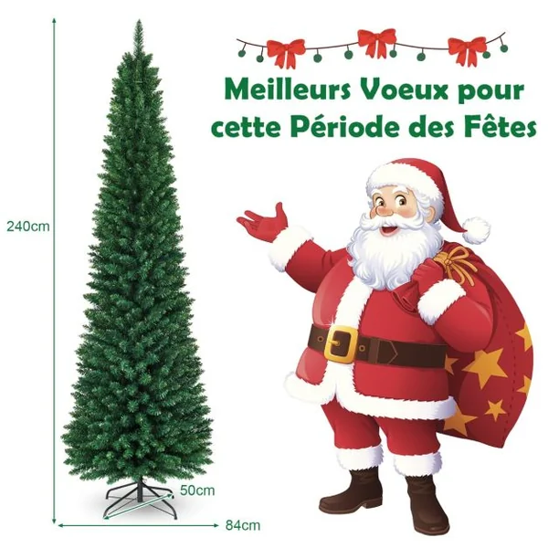 Arbre de Noël Artificiel 243 cm 1000 Branches Support en Métal Solide Aiguilles en PVC Décoration de Fêtes Vert Naturel