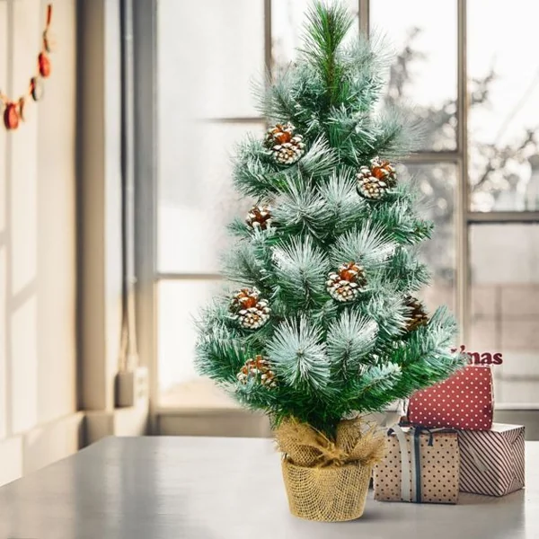 Arbre de Noël Artificiel 60 Cm avec Aiguilles Enneigées Pommes de Pin Arbre de Noël Artificiel de Table Pied En Ciment Avec Toile de Lin