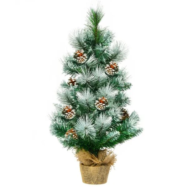 Arbre de Noël Artificiel 60 Cm avec Aiguilles Enneigées Pommes de Pin Arbre de Noël Artificiel de Table Pied En Ciment Avec Toile de Lin