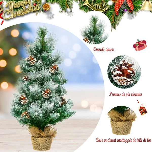 Arbre de Noël Artificiel 60 Cm avec Aiguilles Enneigées Pommes de Pin Arbre de Noël Artificiel de Table Pied En Ciment Avec Toile de Lin